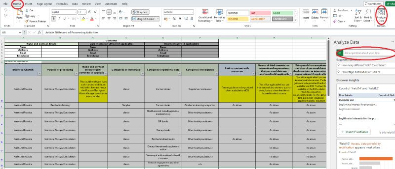 Excel analyse data