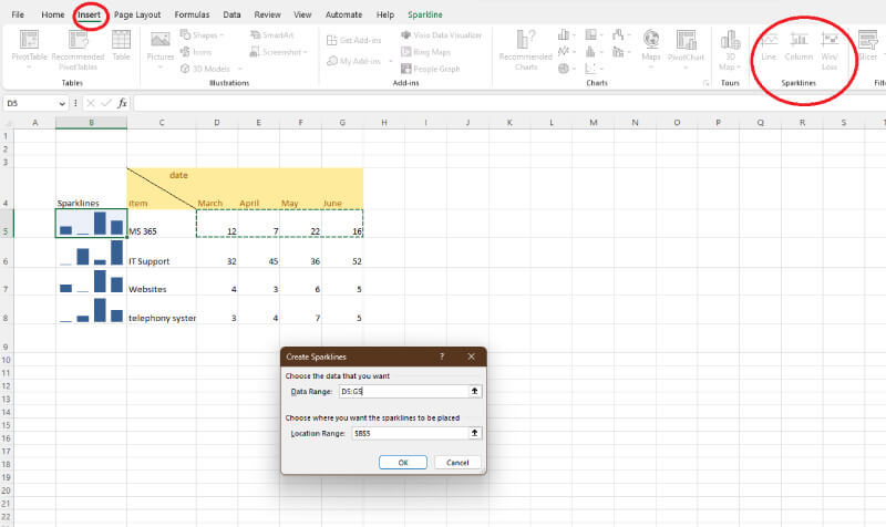 Excel sparklines to highlight data